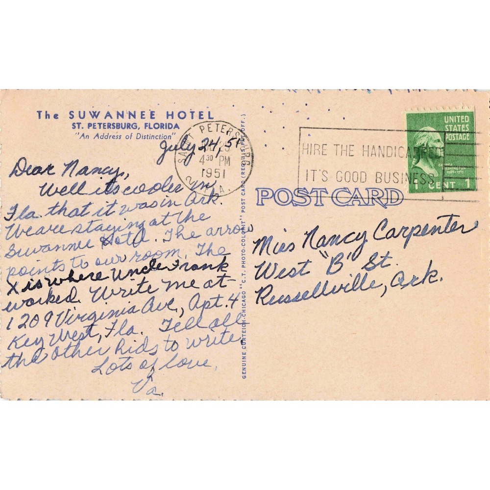St Petersburg Florida Linen Postcard 1951 Suwannee Hotel Skyline Curteich - Picture 2 of 2
